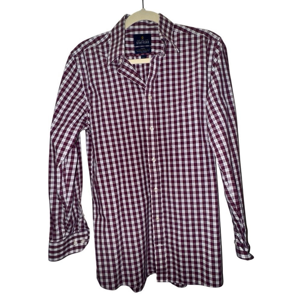 Stafford Burgundy and White Checkered Button-Down Shirt Size 15 / 32-33